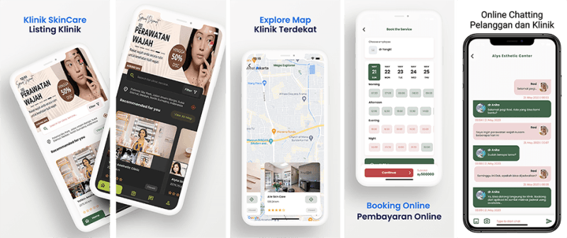Fitur daftar klinik, peta, pemesanan, dan chat pada aplikasi KlinikHub